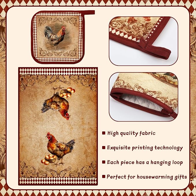 Leinuosen 6 Farm Rooster Farmhouse Kitchen Decor Dish Towels Oven Mitts and Pot Holders Sets Chicken Kitchen Towels Absorbent Decorative Accessories for Cooking Baking Grilling