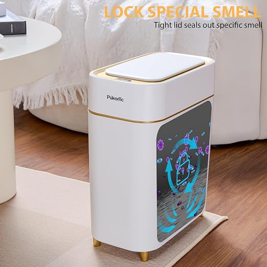 Pukomc Automatic Small Sensor Trash Can with Touchless Lid | 2.3 Gallon / 9L Smart Garbage Can, Quiet Close White Gold Waste Bin - Perfect for Kitchen, Living Room & Small Spaces