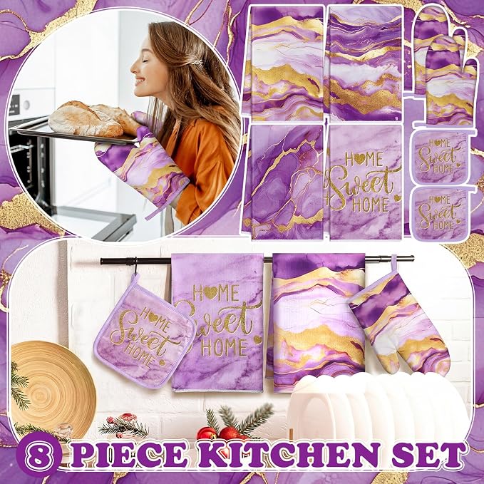 Leinuosen 8 Pcs Purple and Gold Marble Kitchen Towels and Dishcloths Sets Oven Mitts and Pot Holders Absorbent Kitchen Gloves Potholders Heat Resistant for Chef Baking Cooking