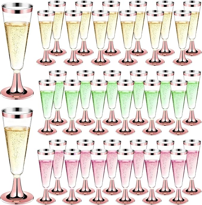 GuanQiao 100 Pack Plastic Champagne Flutes with Rose Gold Rim Pink Bottom, 5.5 Oz Clear Disposable Plastic Champagne Glasses, Wine Glasses Cups for Wedding Celebration New Years Eve Party Supplies