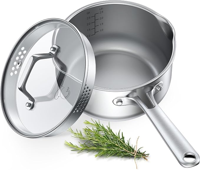 PekGema 3QT Saucepan w/Glass Strainer Lid, Tri-Ply Stainless Steel | Tri-Ply Stainless Steel;Dual Spouts&Strainer Holes;Measurement Marks;Dishwasher Safe;Oven Safe 500°F;All Stovetops