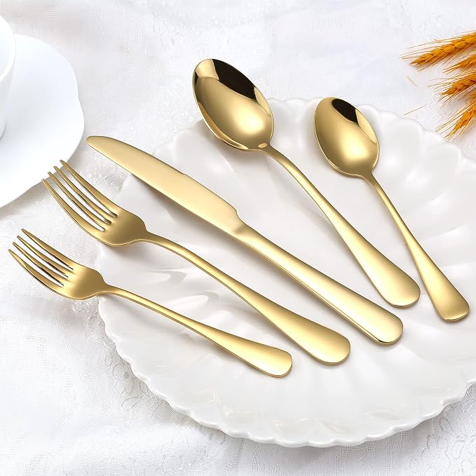 Gold Silverware Set for 4, Golden Flatware Cutlery Set 20 Piece | Premium Stainless Steel Tableware Set, Include Knife Fork and Spoon, Mirror Polished, Ready for Any Dinner or Weddings