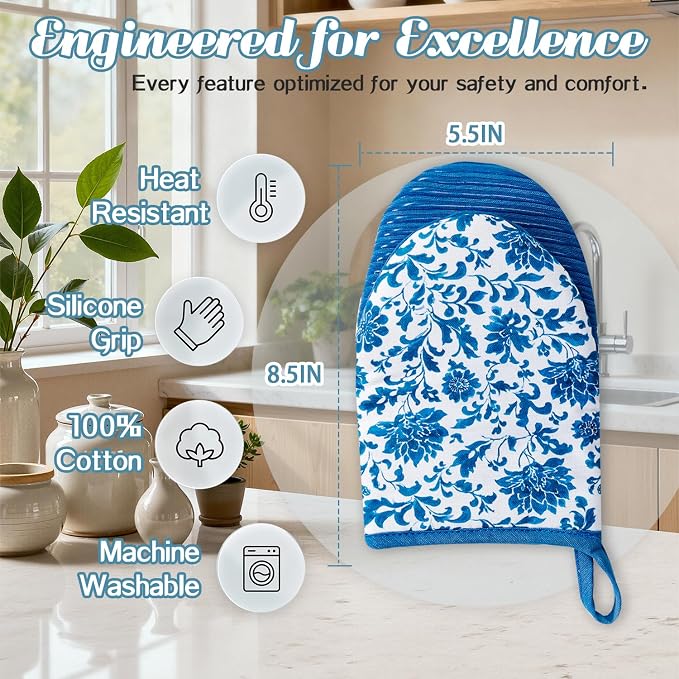 Ribbed Mini Oven Mitts 2-Pack Set, 5.5"x8.5", Blue and White Flower Printed, Heavy Duty Cotton, Non-Slip Heat Resistant Soft Silicone Oven Mitts with Hanging Loop for Cooking Kitchen Decor
