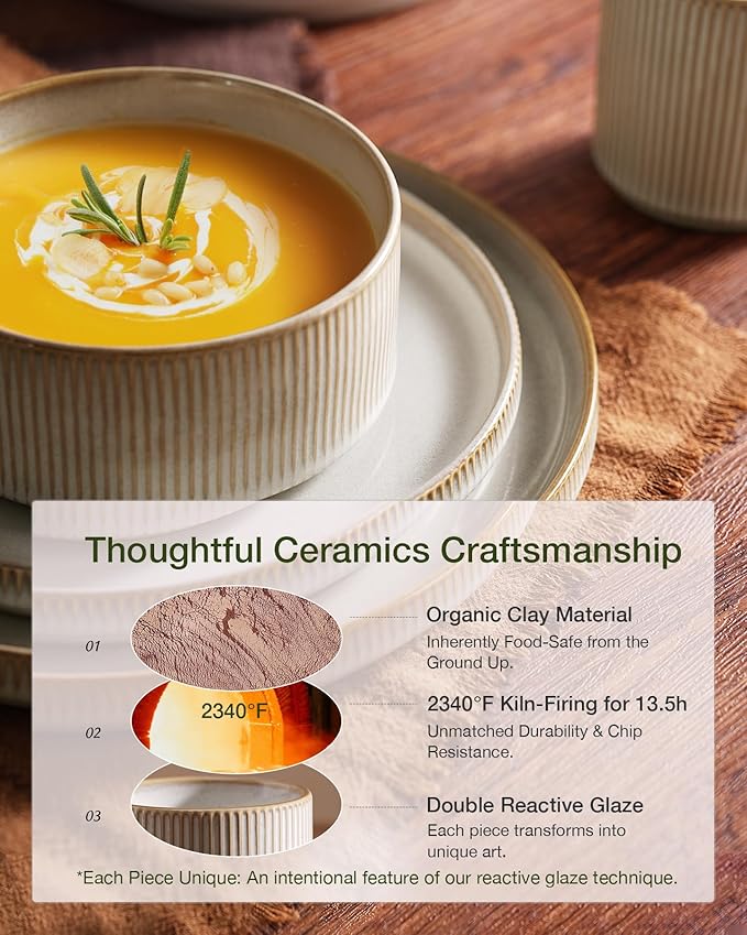 Famiware Star Stoneware Dinnerware Set, Reactive Glaze Plates & Bowls for 4 | 12 pcs Handmade Ribbed Dishes, Chip & Scratch Resistant Ceramic. Microwave & Dishwasher Safe, Modern Luxury, Cappuccino White