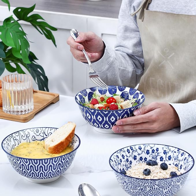 Selamica 7 inches Porcelain Cereal Bowl Set - Set of 6, Soup Bowls, Ceramic bowls for Cereal, Soup, Salad and Pasta, Vintage Blue