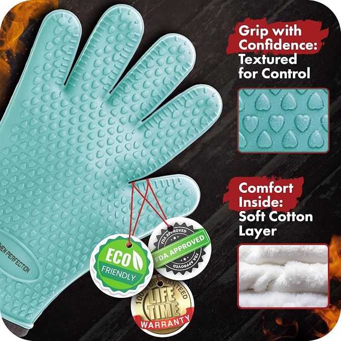 KITCHEN PERFECTION Silicone Smoker BBQ Gloves - Heat Resistant Oven Mitts | Waterproof, 5-Finger Design For A Better Grip, for Pitmasters, Meat Smoking, Grilling, Cooking, Frying Turkey | Grill Gift