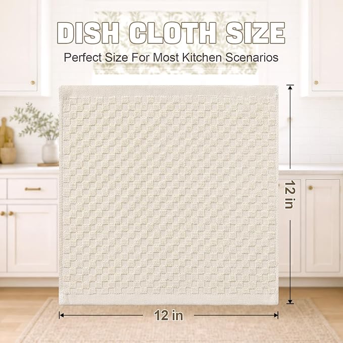 Homaxy 100% Cotton Terry Dish Cloths, 12"x12", 8-Pack, Beige | Ultra Soft Absorbent Dish Towels with Hanging Loop, Pineapple Grid Designed