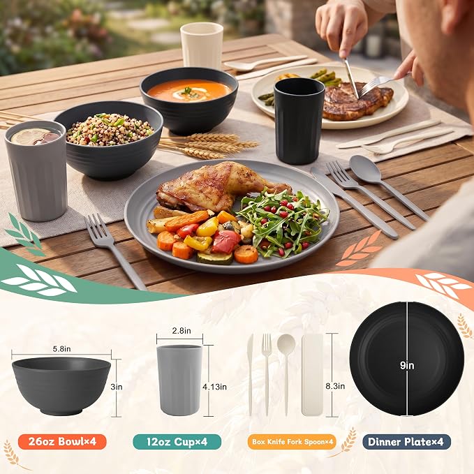 PYRMONT Plates and Bowls Sets 28 Piece Wheat Straw Dishes Set for 4 Unbreakable & Lightweight Dishware Sets for Kitchen,RV Essentials,Camping Cutlery Set Microwave & Dishwasher Safe-Grey Stone
