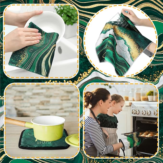Leinuosen 8 Pcs Green and Gold Marble Kitchen Towels and Dishcloths Sets Oven Mitts and Pot Holders Absorbent Kitchen Gloves Potholders Heat Resistant for Chef Baking Cooking