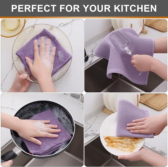 Kitinjoy 100% Cotton Waffle 6-Pack Kitchen Towels, 12" x 12", Lavender | Ultra Absorbent, Super Soft, lightweight, Quick Drying Dish Rags for Washing Dishes