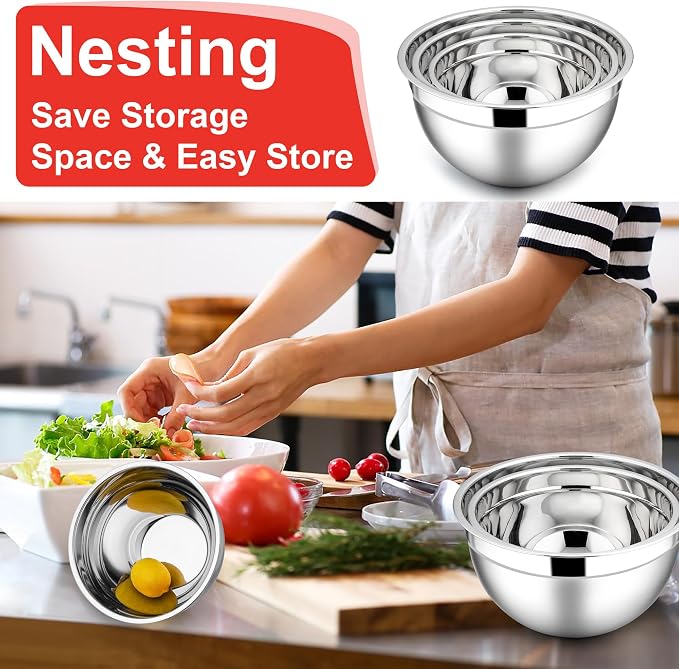 E-far Mixing Bowls with Lids Set, 6-Piece Stainless Steel Salad Bowls | Metal Nesting Cooking Bowls with Airtight Lid for Kitchen Storage, Baking & Prepping, Dishwasher Safe, 1.5/3/4.5 QT, Red