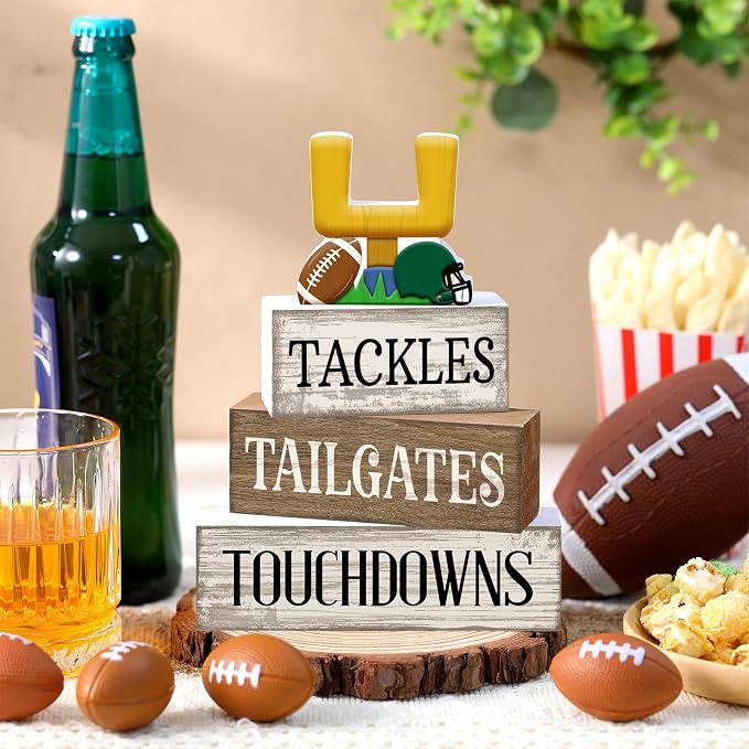 Lineshading 4 Pcs Fall Football Table Decor, Wood Block Sign Home Shelf | Football Table Centerpiece for Tiered Tray, Rustic Sport Game Wooden Block for Fans Club Tailgate Birthday Party Decor