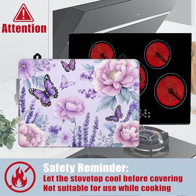 Purple Flowers Glass Top Stove Cover Protector,Watercolor Butterfly Heat Resistant Stove Top Cover, Large Size Range Covers for Electric Stove Countertop Mat, 28 x 20 Inch