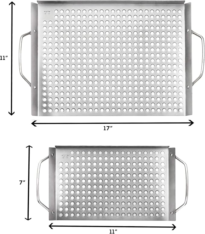 Outset Stainless Steel Grill Topper Grid, Set of 2, 11"x7" & 11"x17" Trays | Stainless Steel Grill Toppers | BBQ Veggie Grill Trays | Easy to Carry | Seafood Grill Tray With Holes | Infuses Flavor