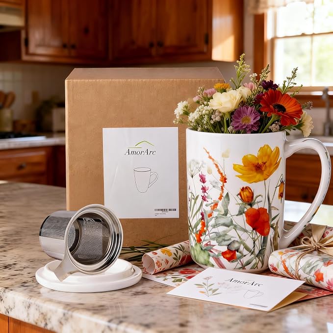 AmorArc Tea Cup With Infuser and Lid, 18oz Loose Leaf Tea Mug With Steeper | Porcelain Tea Mug With Infuser and Lid, Large Strainer Tea Cup with Lid for Tea, Coffee Mug for House-warming Birthday Gift
