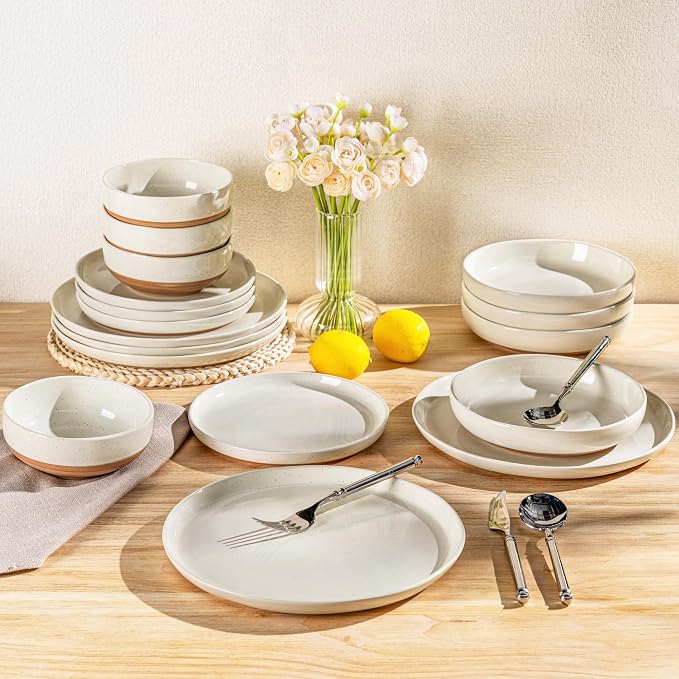AmorArc Dinnerware Sets for 6, 18 Pieces Ceramic Plates and Bowls Set | Scratch Resistant Stoneware Dishes Set, Dishwasher & Microwave Safe, Light Beige