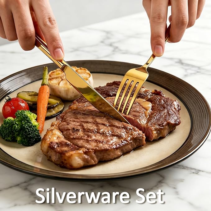 20 Piece Stainless Steel Flatware Set,Silverware Set for 4,include Forks,Knives,Spoons.Cutlery Utensil Set for Home,Kitchen,Party,Buffet,Banquet,Catering (Gold)