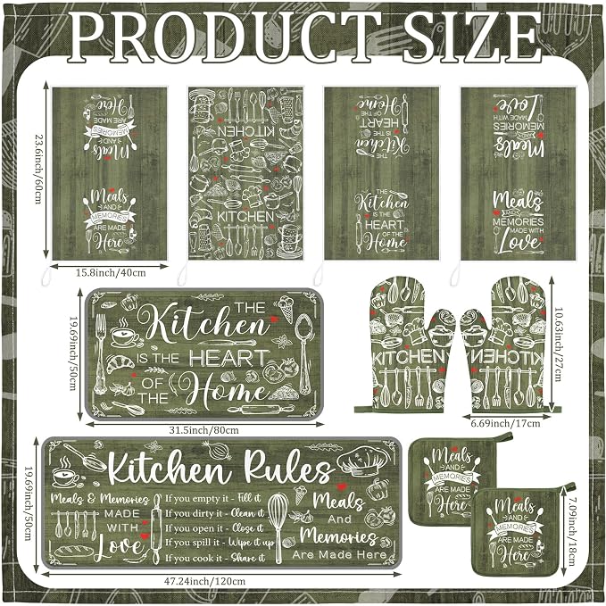 Fourluoo 10 Pcs Sage Green Kitchen Decor Farmhouse Oven Mitts and Pot Holders Sets Green Dish Towels Rustic Vintage Kitchen Rugs Mats for Women Home Decorations Baking Cooking Birthday Summer Gifts