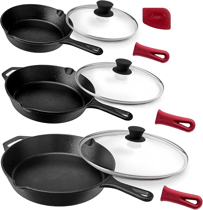 Cuisinel Cast Iron Skillets Set + Glass Lids - 8"+10"+12"-Inch Frying Pans + Silicone Handle Holder Covers - Pre-Seasoned Oven Safe Cookware - Indoor/Outdoor Use - Grill, Stovetop, Camping Fire Safe
