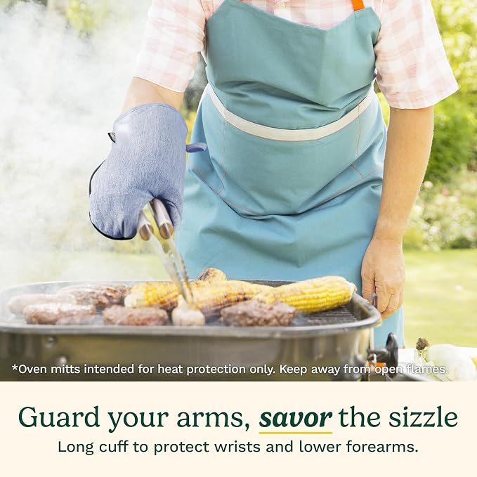 Cuisinart Chambray Kitchen Oven Mitts, Heat-Resistant, 2-Pack, 7"x13" | Non-slip neoprene palm grips up to 350°F, long cuff shields forearms, hang loop for storage, handles cast iron and grilling