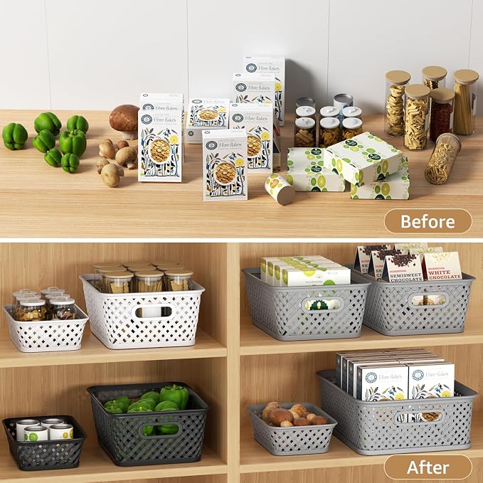MaxGear 3 Pack Plastic Storage Baskets, Medium, Black | Durable Woven Plastic with Built-In Handles, Suitable for Shelves, Closets, Cabinets, Bathrooms and Offices