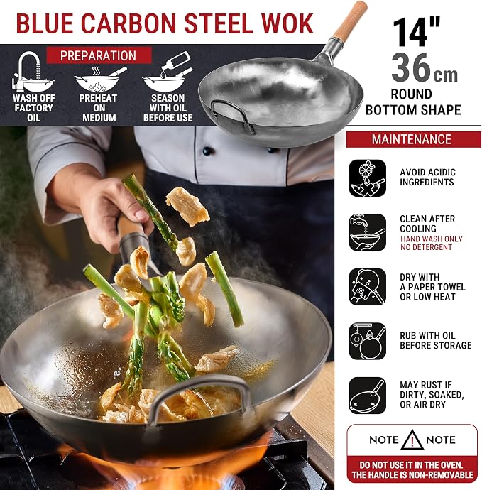 YOSUKATA 14” Round Bottom Carbon Steel Woks and Stir Fry Pans – Unseasoned Pow Wok for Stir Fry, BBQ & Camping – Hand-Hammered Traditional Japanese and Chinese Pan – Gas Stove, Open Fire Only | Suitable for Gas Stoves and Open Fires - Traditional Chine...