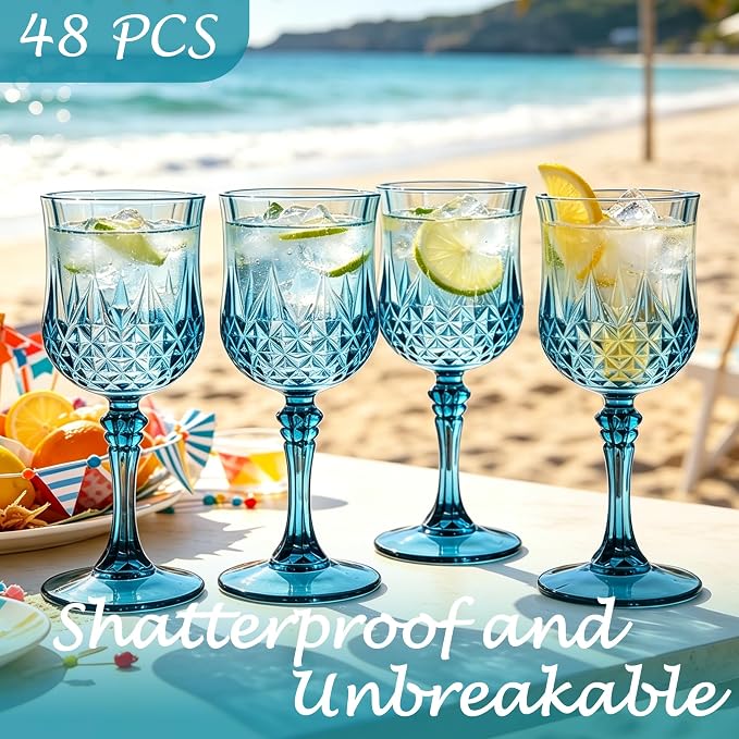 48Pack Plastic Wine Glasses, 7oz Vintage Goblets for Wedding | Unbreakable Crystal Style Reusable Stemware, Elegant Dusty Blue Drinking Glass for Party Anniversary & Holiday Celebration