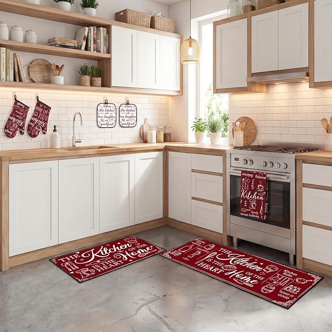 10 Pcs Kitchen Decor and Accessories Set, Retro Farmhouse | Baking Red Burgundy 4 Dish Towels Kitchen Rugs 2 Oven Mitts 2 Pot Holders, Home Decor for Cooking Baking BBQ Housewarming