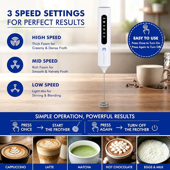 Rechargeable Milk Frother with Stand, 4 Interchangeable Whisks & Travel Case – Handheld Mixer for Lattes, Matcha, Hot Chocolate, Eggs & Protein Shakes
