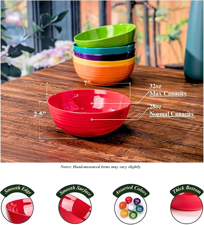 7-Inch Melamine Bowls (Set of 6) - Unbreakable and Reusable Plastic Dinnerware with Ceramic Feel, Stackable and Dishwasher-Safe - Versatile for All Meals (Green)