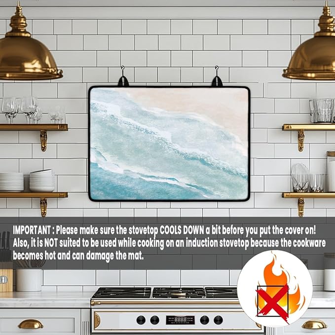 Beach Theme Stove Top Covers for Electric Stove Blue White Sea Ocean Waves Nature Scenery Glass Top Gas Stove Pad Heat Resistant Range Cooktop Mat for Kitchen 28"x20"