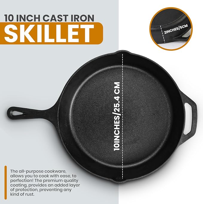 Utopia Kitchen Cast Iron Skillet 10 Inch with Lid Chefs Frying Pan Black | Chefs Pan, Pre Seasoned Skiller, Indoor and Outdoor Use, Grill Safe Cookware, Even Heat Distribution, Durable