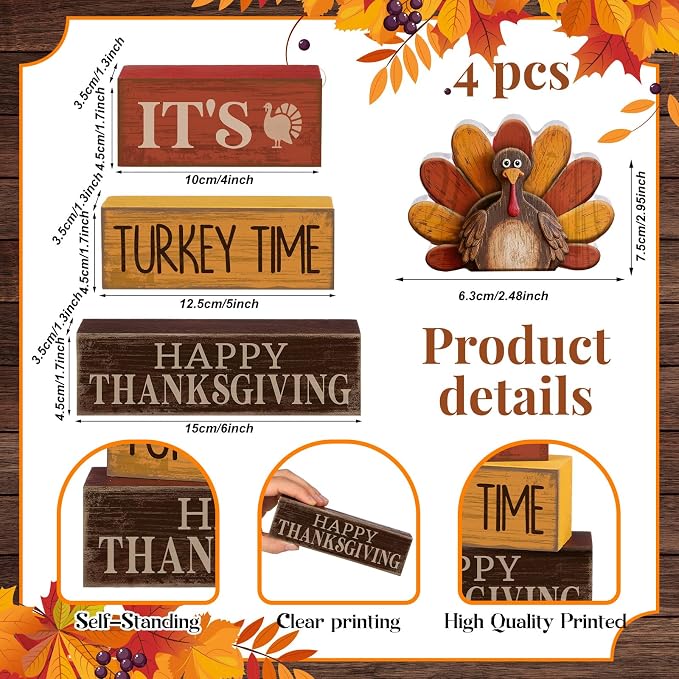Lineshading 4 Pcs Wooden Turkey Fall Farmhouse Thanksgiving Tabletop Signs | Rustic Tiered Tray Decor, Thanksgiving Turkey Theme Block Signs, Farmhouse Home Table Centerpiece, Wooden Rustic Gift Set