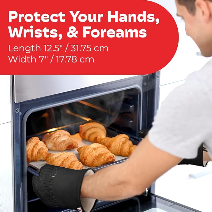 Silicone Oven Mitts - Black Set of 2-12.5" - Heat Resistant to 536 F / 280 C Kitchen Gloves - Professional Grade Protection Hot Cooking Baking