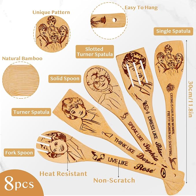 Golden Gifts for Women,Kitchen Utensils Set,Golden Wooden Cooking Spoons with Apron Oven Mitt Potholder for Fans,Great Birthday Wedding and Housewarming Christmas 8pcs