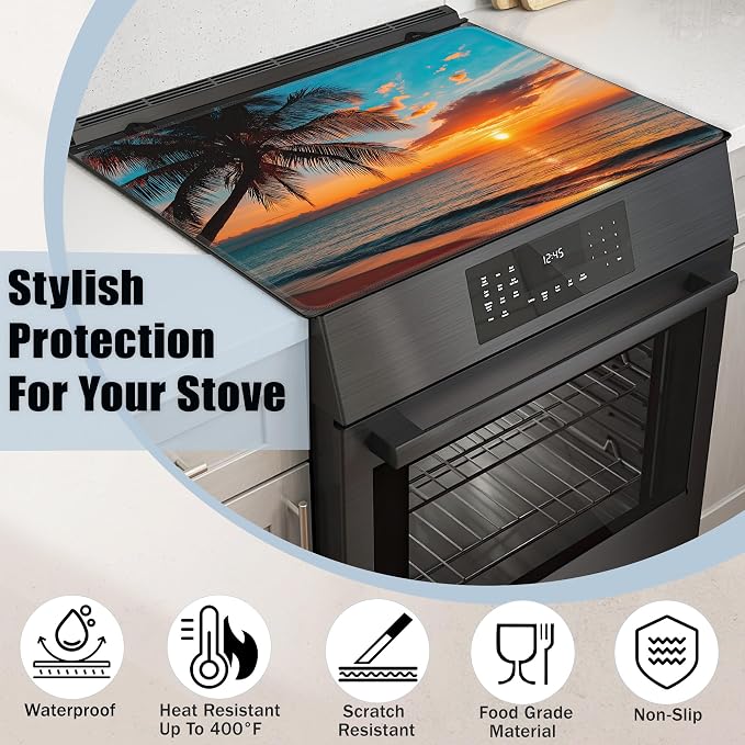 Stove Top Covers for Electric Stove,Summer Beach Sunset Flat Top Stove Cover,Coconut Tree Heat Resistant Glass Top Stove Cover Protector Anti-Slip Range Covers, 28 x 20 Inch