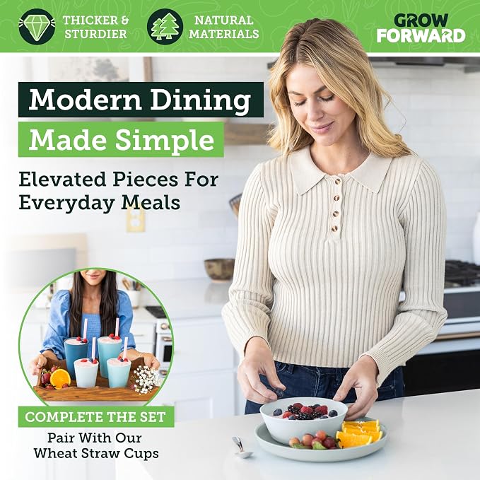 Grow Forward Premium Wheat Straw Plates and Bowls Sets - 8-Piece Wheat Straw Dinnerware Sets - Unbreakable & Reusable Microwave Safe Plastic Dinner Plates for Outdoors, RV, Camping Dishes - Glacier