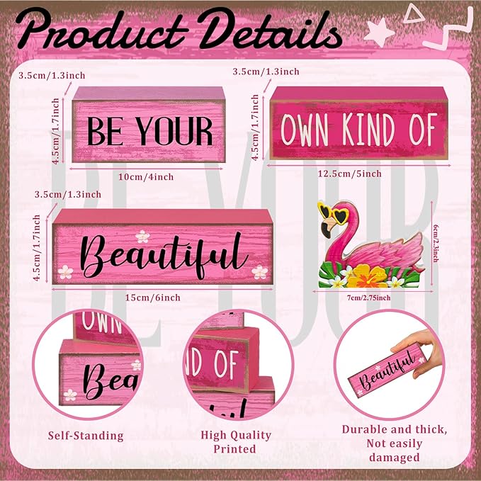 Lineshading 4 Pcs Flamingo Summer Decor Wooden Tabletop Signs Pink | Farmhouse Tiered Tray Decorations, Birthday Party Blocks with Quotes, Flamingo Table Centerpiece for Home Gift