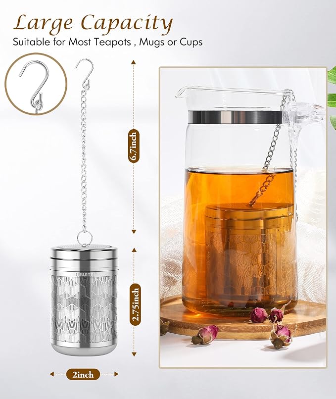 1-Pack Large Tea Infuser 304 Steel Fine Mesh for Teapots & Mugs | Designed for loose leaf tea, large basket holds plenty, and dishwasher-safe for easy care.