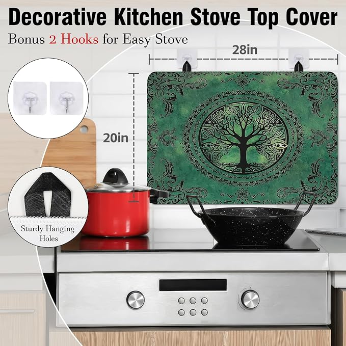 Tree of Life Stove Top Cover for Electric Stoves,Boho Bohemian Mandala Green Nature Stove Top Cover for Kitchen Decor,Heat Resistant Cooktop Protector Mat,Non-Slip Washable Dish Drying Mat 28"x20"