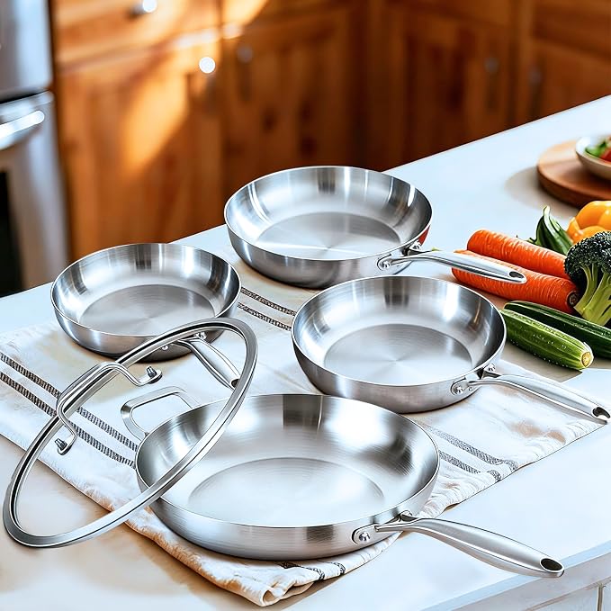8-10-12-14'' Frying Pan Set with A Lid | Tri-Ply Stainless Steel Skillet | Fast & Even Heating | Stay-Cool Detachable Handle | Dishwasher and Oven Safe | Induction Ready | For Modern Home Kitchens