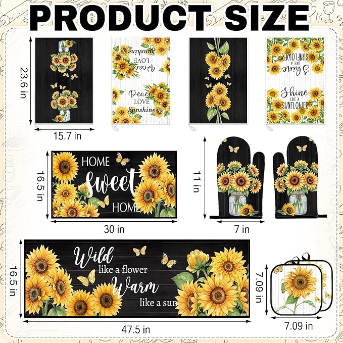 10 Pcs Kitchen Decor and Accessories Set, Sunflower | Floral Farmhouse 4 Dish Towels Kitchen Rugs 2 Oven Mitts 2 Pot Holders, Home Decor for Cooking Baking BBQ Housewarming