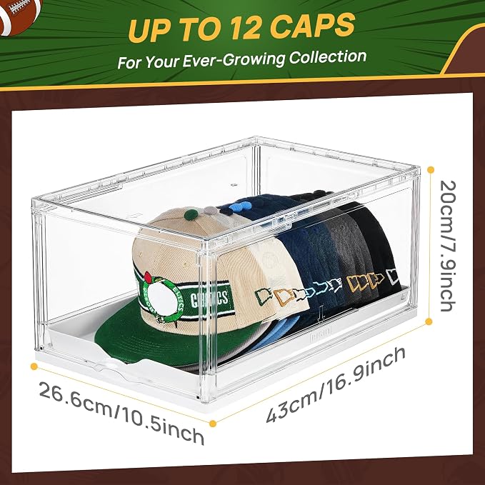 Vtopmart 1 Pack Stackable Baseball Caps Organizer, Each Holds 12 hats | with Sliding Drawer, Magnetic Door, Stackable, Transparent