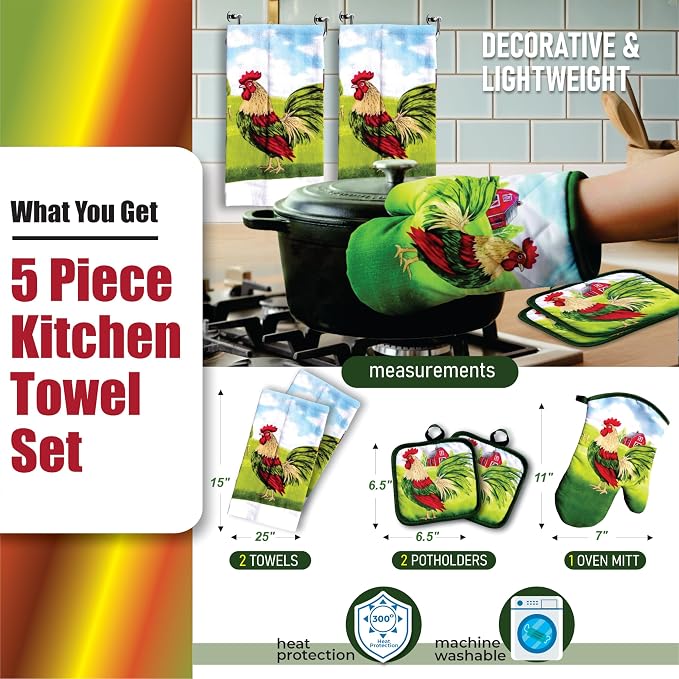 Proud Rooster & Red Barn Motif, 5 Piece Set | Kitchen Towel Set with 2 Decorative Dish Towels (25 X15), 1 Oven Mitt (11 X 7) and 2 Potholders (6.5 X 6.5)