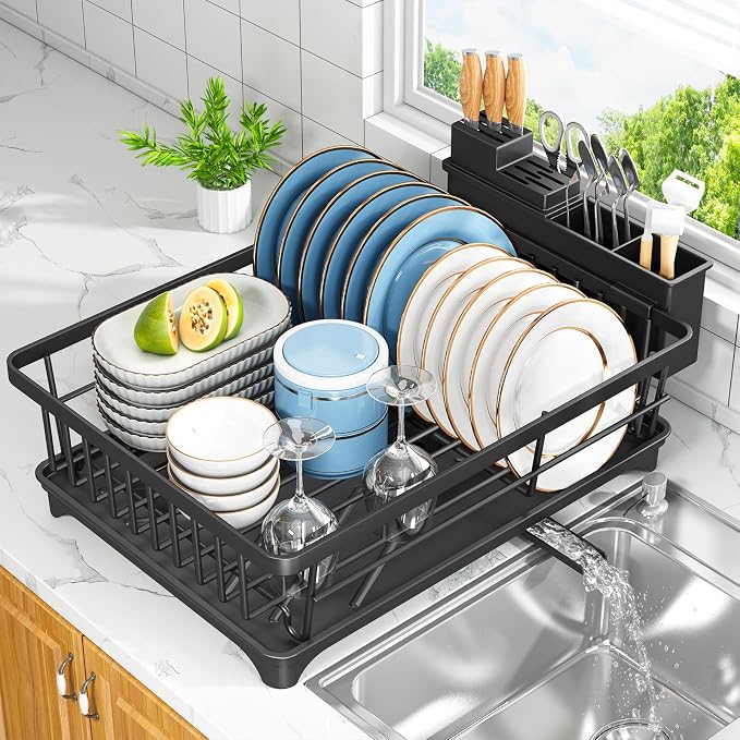 Kmiectse Dish Drying Rack for Small Kitchen Counter with Utensil Holder | Space Saving, Rust Resistant, Quick Drainage Dish Rack, Compact Dish Drainer Organizer for Home Kitchen, Black
