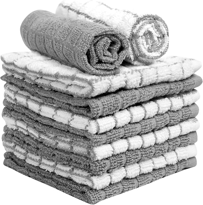 Bumble Dish Cloths (8-Pack), 100% Cotton Kitchen Towels, 12"x12" - Gray | 405 GSM | Soft, Highly Absorbent & Durable Dish Towels for Kitchen