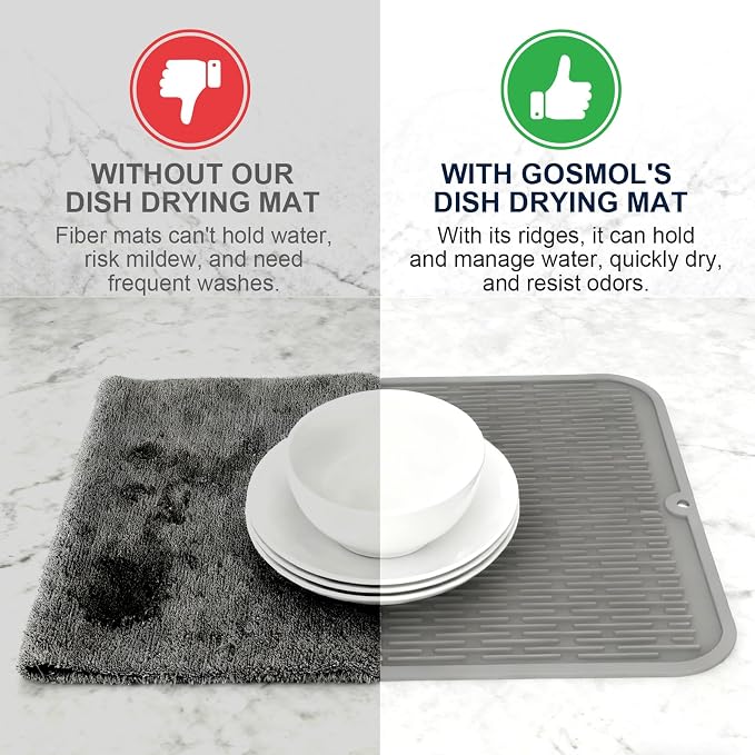 Extra Large Silicone Trivet drying mat for kitchen counter Gray 2 Pack | Grey 18 x 16 in sink heat resistant dish drying mat, silicone hot pads and trivets, rubber dish drainers for kitchen counter