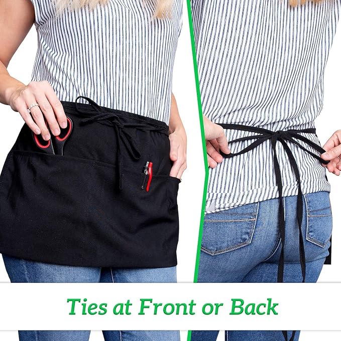 Server Aprons with 3 Pockets - Waist Apron, Waitress Apron for Women and Man, Water Resistant with Long Waist Strap Reinforced Seams, Half Apron (24 Pack - Black)