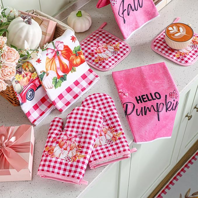 Fanfanwin 10 Pcs Fall Scarecrow Kitchen Decor Set Scarecrow Pumpkin Kitchen Rugs Towels Pot Holders Oven Mitts Set for Thanksgiving Autumn Baking Cooking BBQ Home
