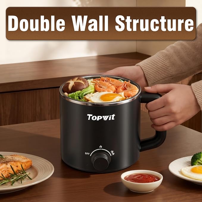 Topwit 1.6L Electric Pot, Stainless Steel Ramen Cooker with Steamer | Dual Power Setting, Cooking for Hot Pot, Pasta, Oatmeal, Soup & Egg, Overheat & Boil-Dry Protection, for Dorm & Office